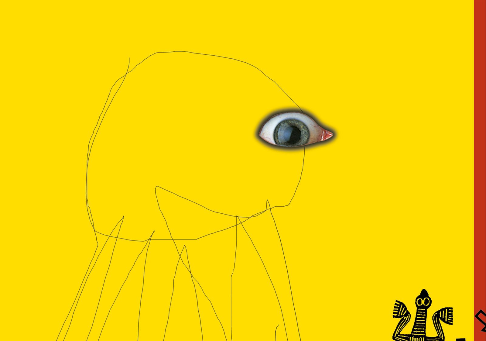 Œuvre de Diesel Production : personnage dessiné au trait sur fond jaune avec un œil photographique