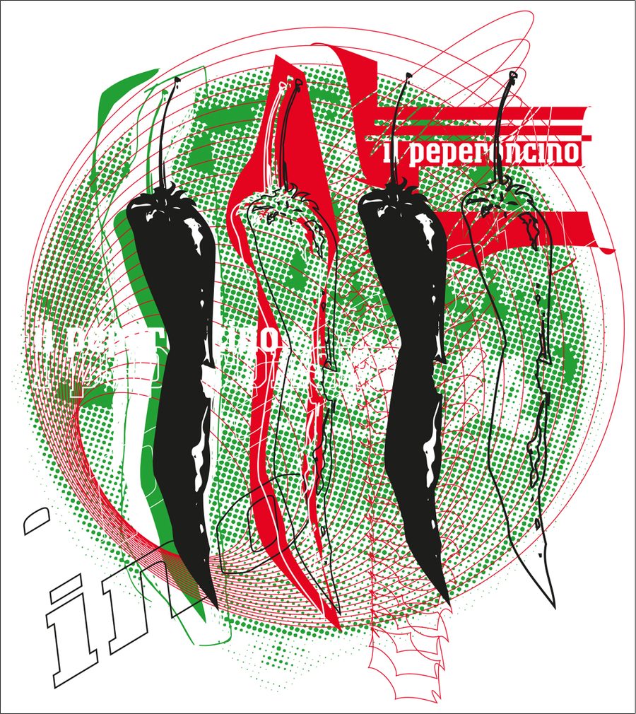 Sérigraphie Il Peperoncino, piments rouges, verts et noirs